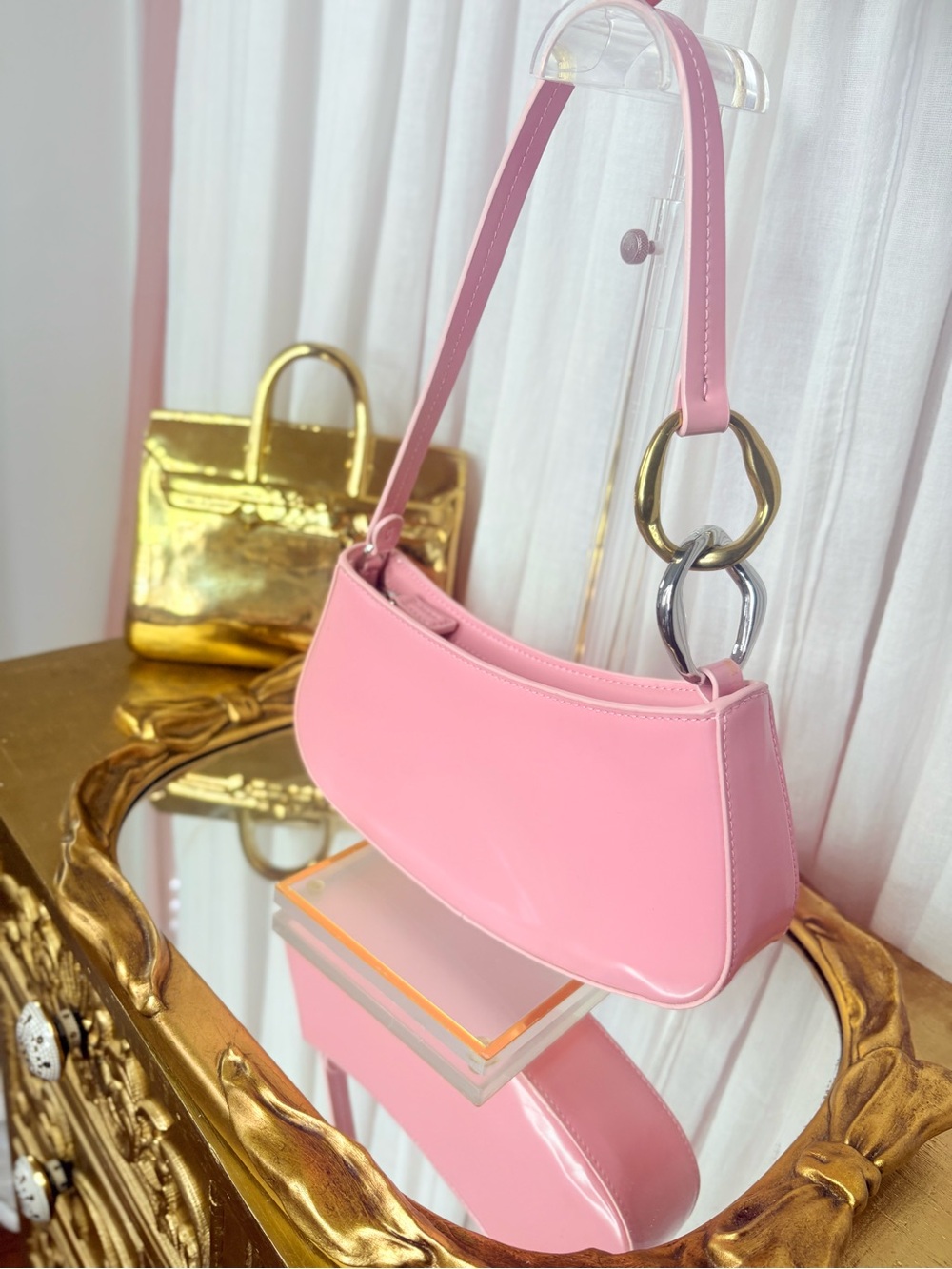 STAUD Ollie Bag Cherry Blossom Pink Leather Shoulder Bag NWOT Mixed Metal - Picture 2 of 5